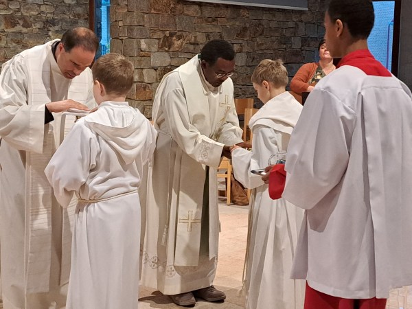 Nous voyons deux prêtres qui reçoivent l'un le calice, l'autre la patène avec le pain que leur apportent deux acolytes habllés en aube blanche. Derrière les deux acolytes, un troisième acolyte, habillé avec un aube rouge et un surplis blanc, apporte sur un plateau les burettes qui contiennet le vin et l'eau.